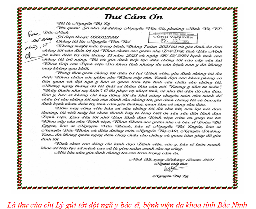 THƯ CẢM ƠN CỦA NGƯỜI NHÀ 1179king com  GỬI TỚI KHOA HÓA CHẤT – CHĂM SÓC GIẢM NHẸ  VÀ TRUNG TÂM CẤP CỨU VẬN CHUYỂN 115